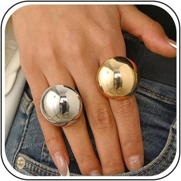 Bold Dome Ring Duo – Chunky Adjustable Gold & Silver Statement Rings - Picture 2 of 4